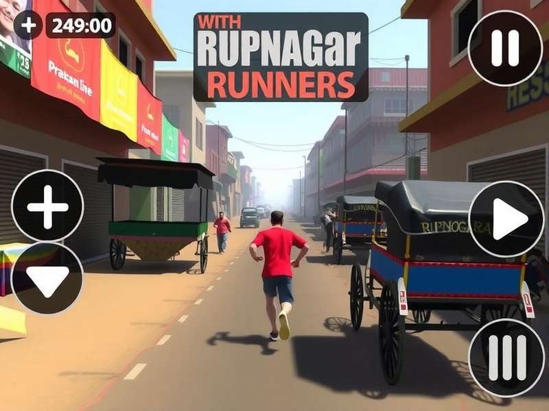 Rupnagar Runners - Main Game Interface Rupnagar Runners main screen showing a player running through a busy Indian street with market stalls and rickshaws