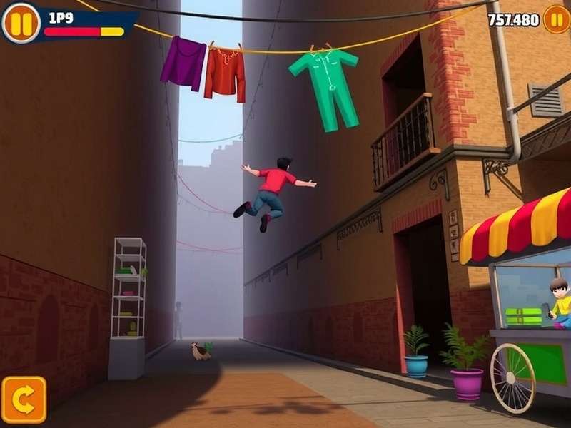 Rupnagar Runners - Gameplay Action Rupnagar Runners gameplay showing a player jumping over a street food cart and sliding under a hanging laundry line in a narrow alley
