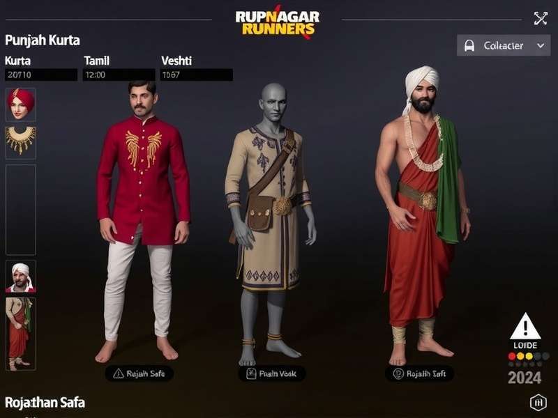 Rupnagar Runners - Character Customization Rupnagar Runners character customization showing various regional outfits including Punjabi kurta, Tamil veshti, and Rajasthani safa
